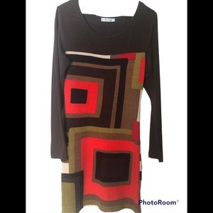 Brown, multi color, geometric print knit dress.  Long sleeves.